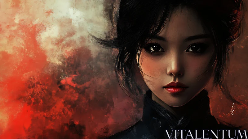 Digital portrait of young woman on fiery abstract backdrop.