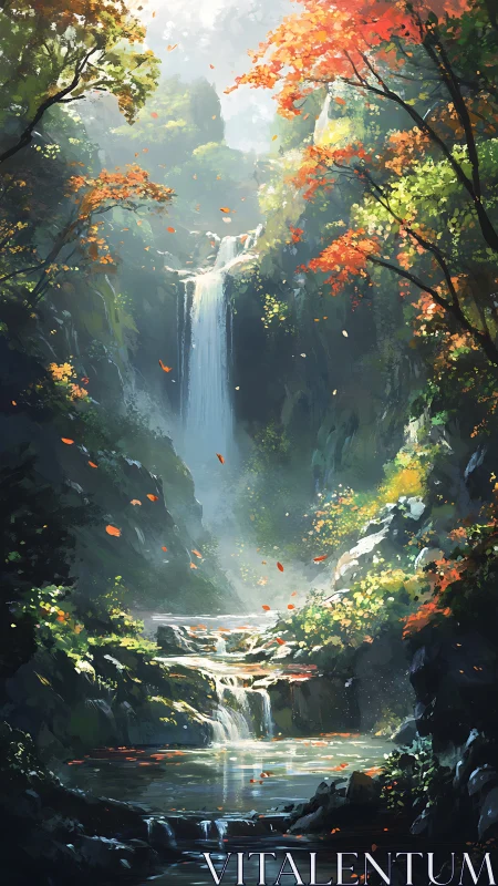 Autumn forest waterfall cascading through rocky ravine.