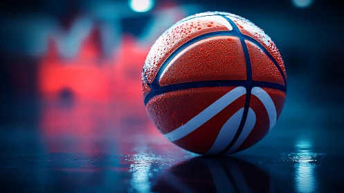 Lone basketball gleams under arena lights on wet court
