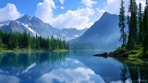 Serene alpine lake mirrors pine forest and rugged mountains.