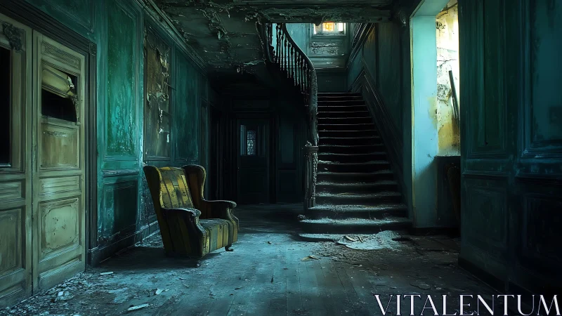 Decayed teal hallway shows worn armchair and dusty stairs