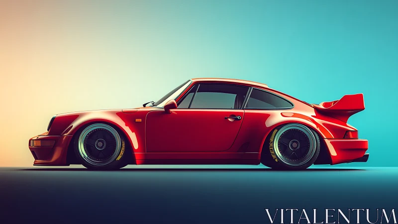 Widebody red coupe rendered in stylized high-contrast 3D lighting