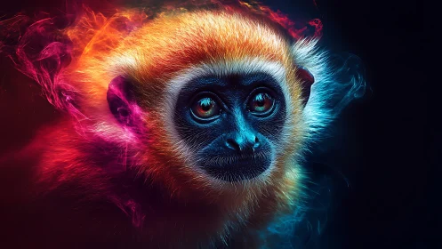 Neon-contrast primate portrait in dual-color rim lighting design.