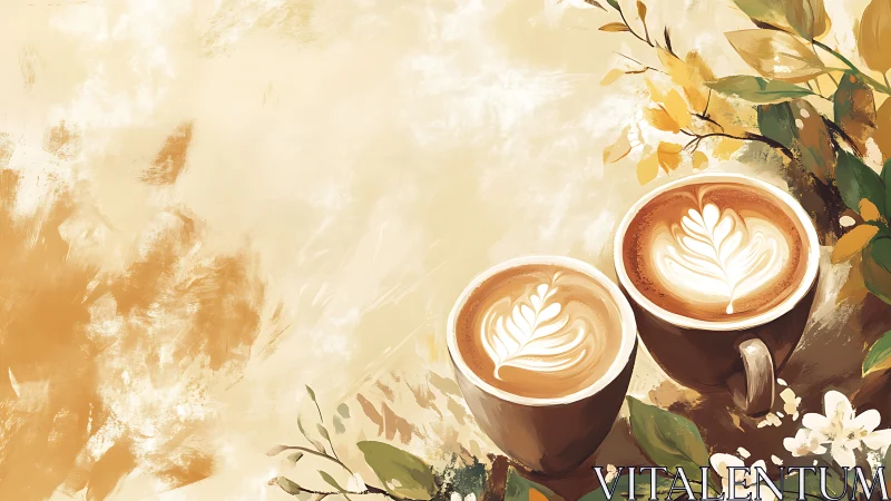 Latte art cups framed by painterly autumn foliage.