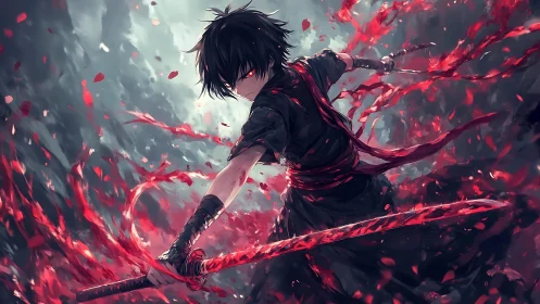 Bloodlit anime swordsman channels swirling crimson power.