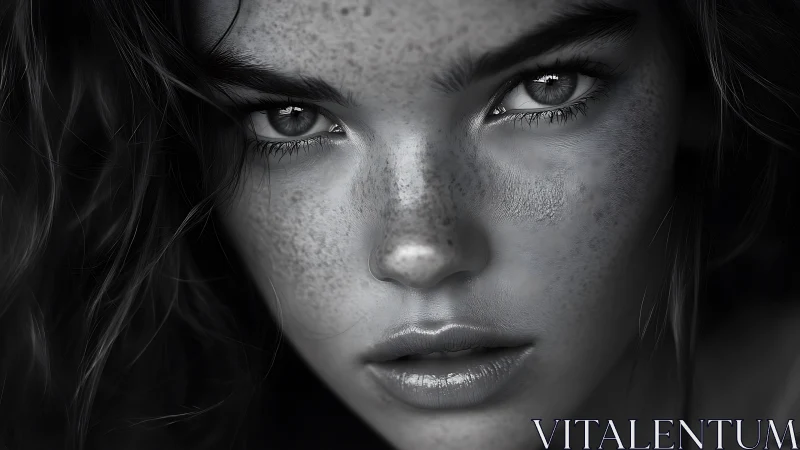Freckled gaze in silvered monochrome, intense and unblinking.