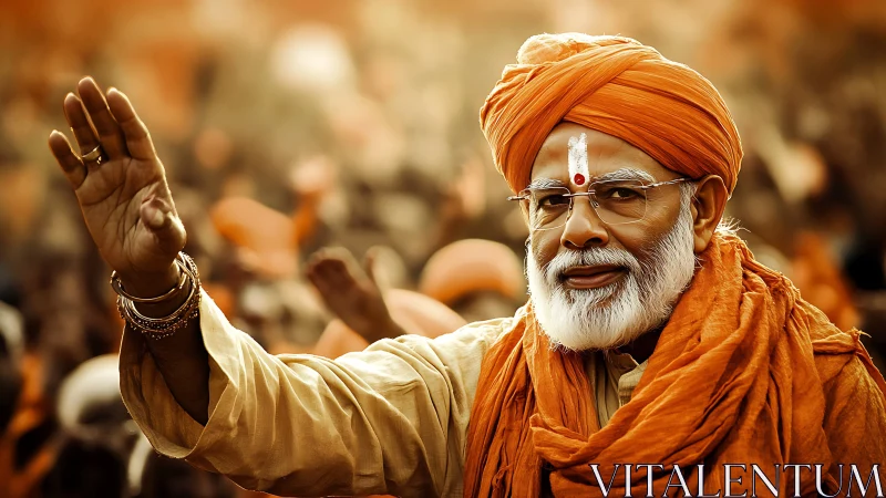 Orange-turban elder blessing a golden-sunset festival crowd.