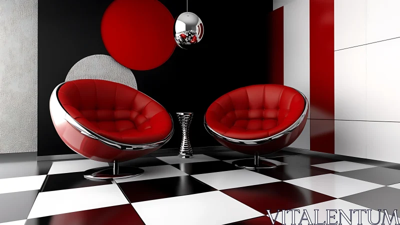 Chromed orbital lounge set in high-contrast geometric interior.