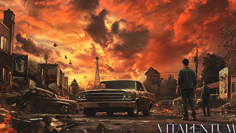 Two figures stand on ruined street under burning orange sky