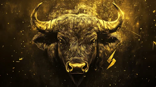 Golden bull head illustration with bold electric accents.