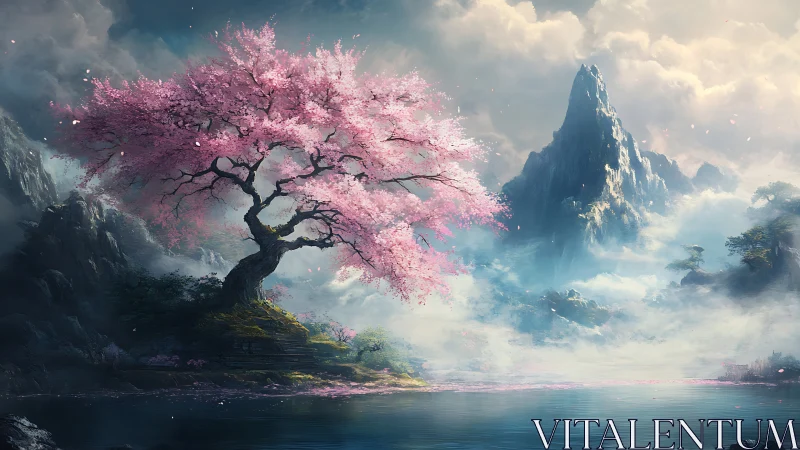 Spectral cherry blossom tree before misted monolithic peak.