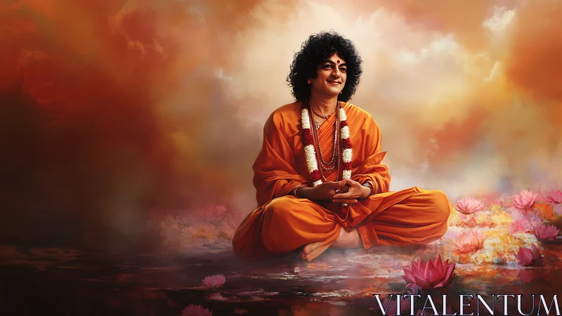 Smiling monk meditates among lotus flowers in warm light