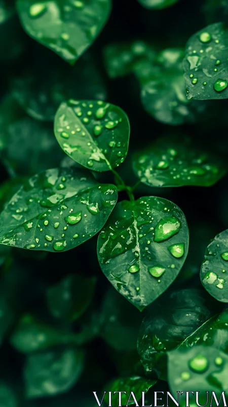 Rain-kissed green leaves glisten in rich natural light.