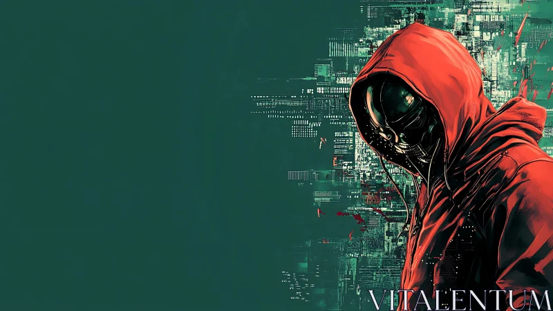 Cybernetic figure in red hood emerges from glitching code