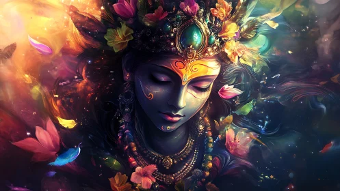 Divine cosmic goddess portrait with luminous floral aura