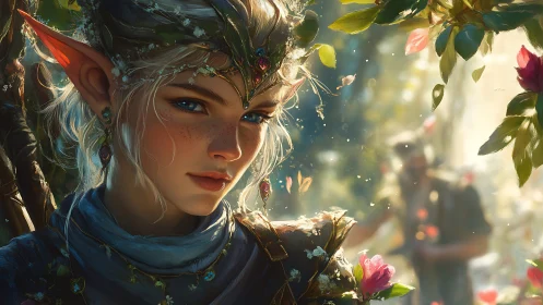 Gentle elf guardian in a sunlit forest of soft blossoms.