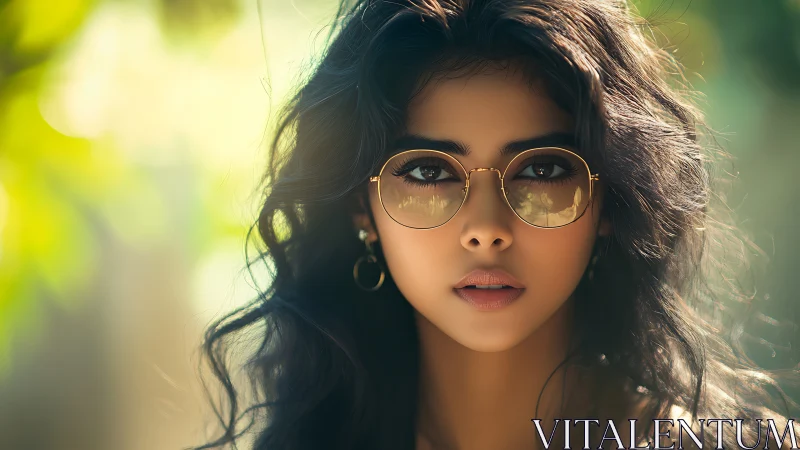 Hyperreal portrait of woman in gold round glasses outdoors