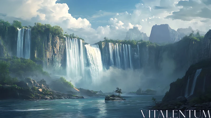 Cascading waterfalls in misty mountain valley paradise.