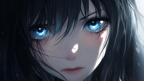 High contrast anime portrait emphasizes luminous blue irises