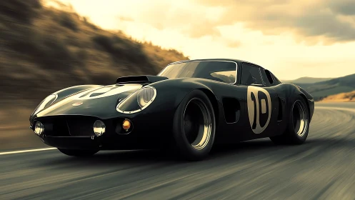 Classic racing car gliding through golden evening light.
