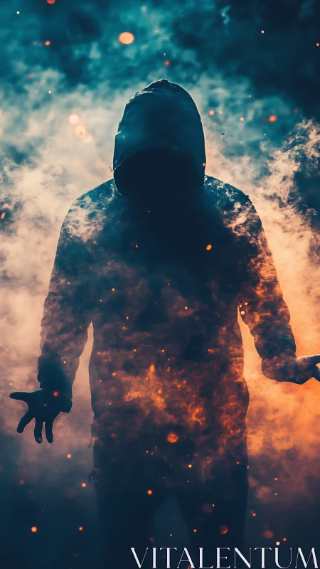 Hooded figure silhouette stands within dense colored smoke