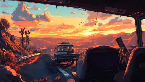 Sunset caravan rolls through neon desert skyroad dreams.