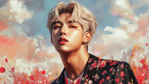 Luminous floral portrait of blonde youth in painterly sky.