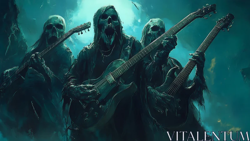 Skeletal robed figures hold electric guitars in teal mist