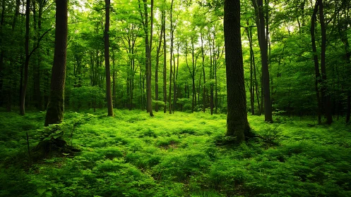 Dense temperate forest canopy with towering deciduous trees and verdant ground vegetation.