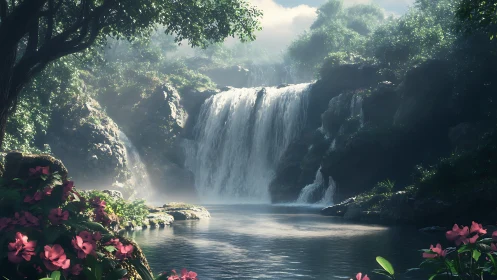 Sunlit jungle waterfall rendered with cinematic depth of field
