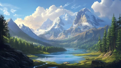 Alpine lake valley rendered in luminous atmospheric digital realism
