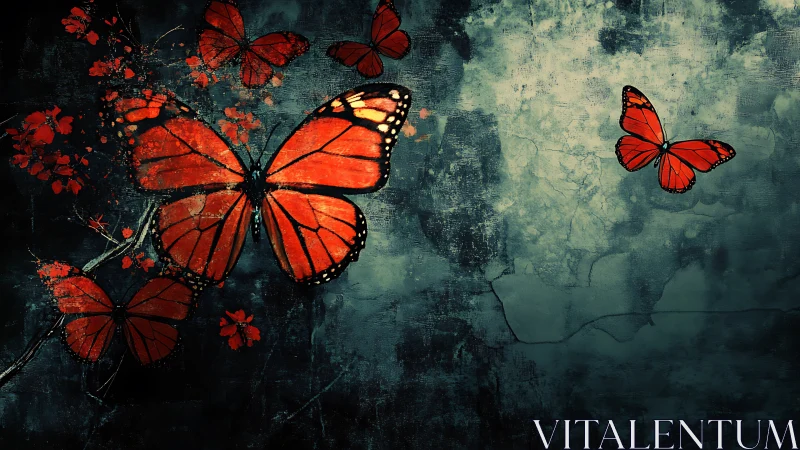 Crimson butterflies drifting across a stormy teal sky.