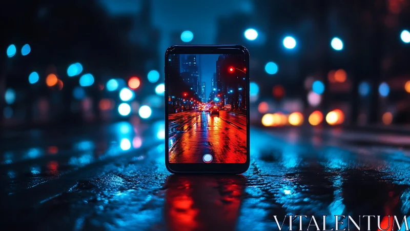 Smartphone on wet city street at night with neon lights.