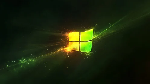 Glowing window emblem radiates neon light on dark space