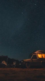 Starry desert sky crowns a warmly lit off-road camper.