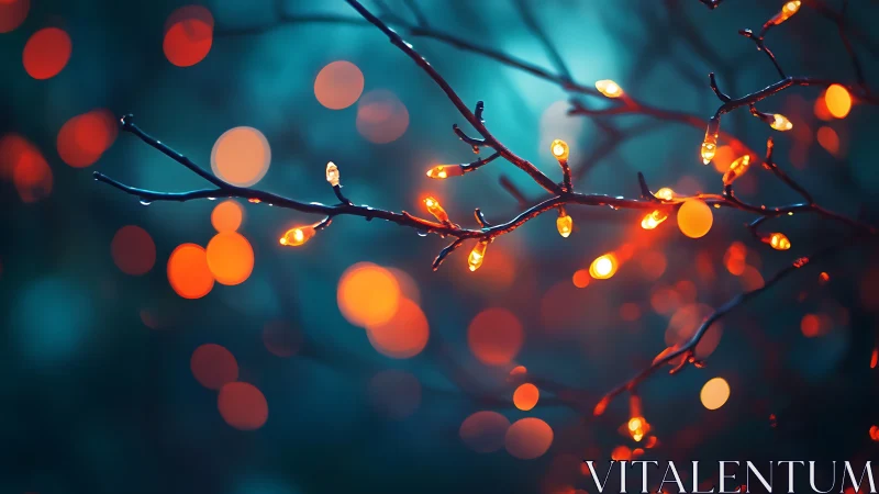 Branches with orange lights against soft teal background.