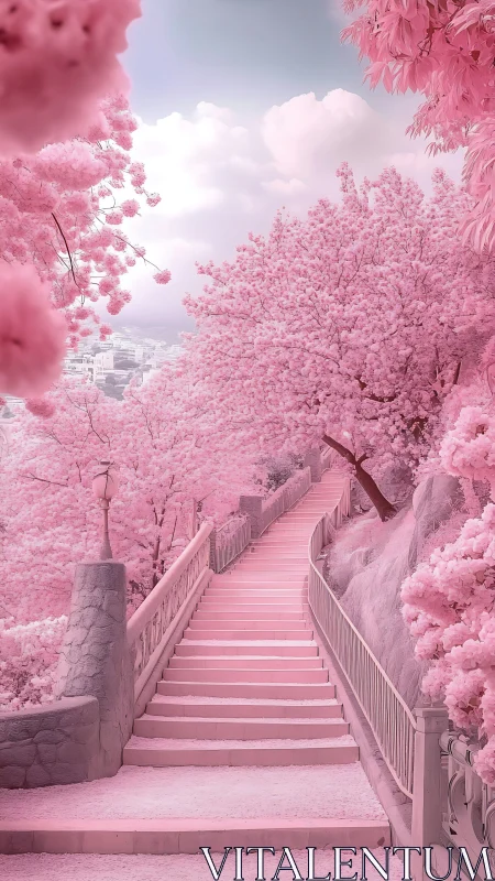 Pastel staircase ascends through dense pink cherry blossoms