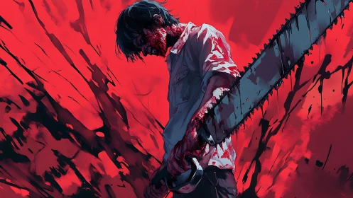 Blood-soaked anime figure wields chainsaw amid red splatter field
