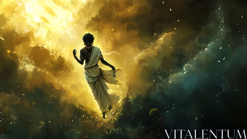 Divine figure strides through radiant celestial storm.