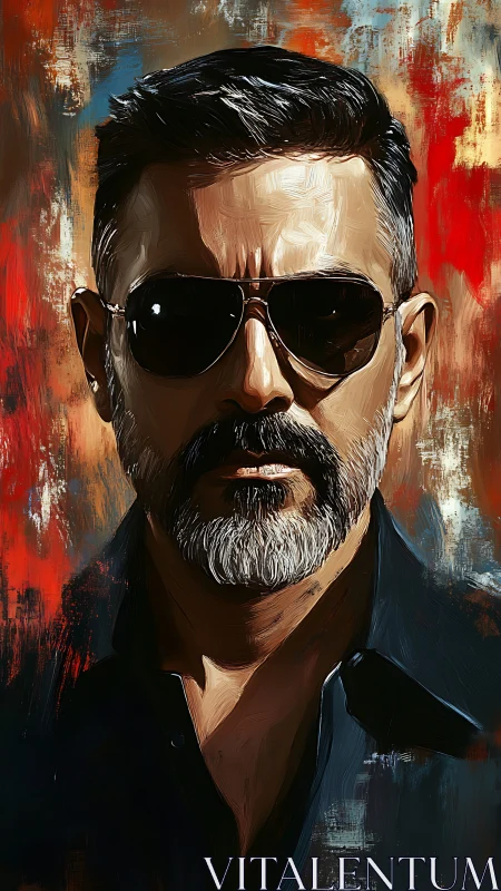 Bearded man in sunglasses under bold abstract oil light.