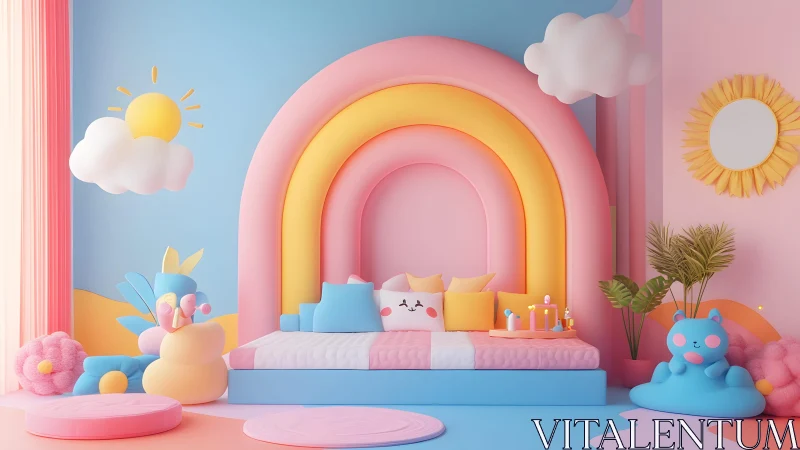 Whimsical pastel kids bedroom with rainbow arch and plush decor.