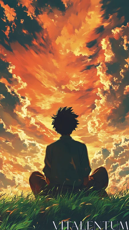 Silhouetted seated figure beneath dense orange cloud field.