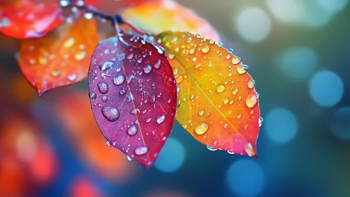 Macro study of dew-laden autumn leaves in bokeh field.