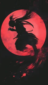 Silhouetted warrior figure stands before circular red backdrop