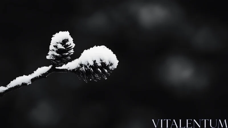 Snow covered pine cones isolated against dark winter sky.