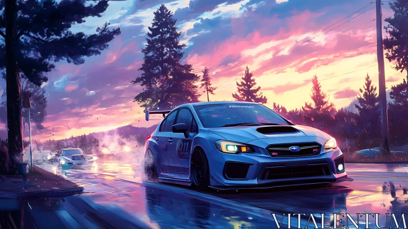 Subaru rally sedan drifts on wet road at vivid sunset