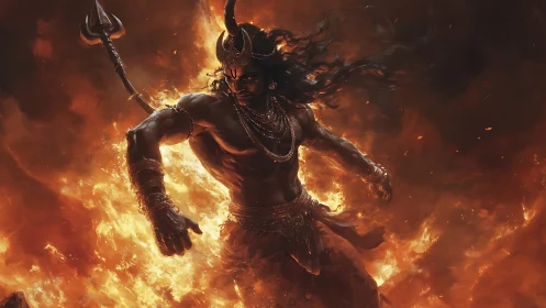 Horned warrior figure in flames with trident and ornaments.