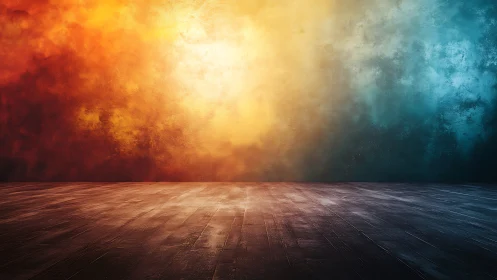 Empty wooden floor with warm to cool gradient wall backdrop.