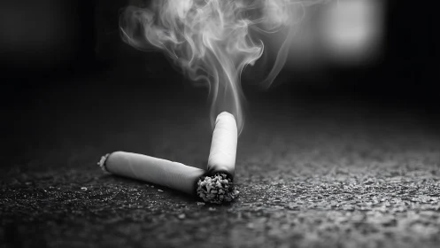 Smoldering broken cigarette on rough asphalt ground surface.