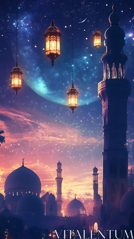 Mosque skyline at dusk with lanterns and crescent moon.
